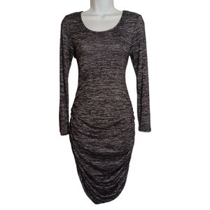 TMG NEW YORK Gray Black Marled Print Ruched Long Sleeve Midi Dress Medium